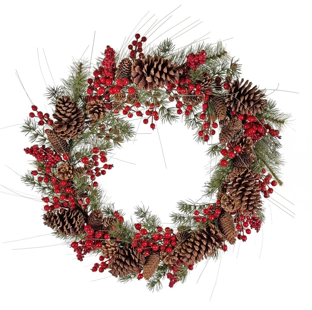 Венок из шишек, красных ягод и гаультерии 70 см