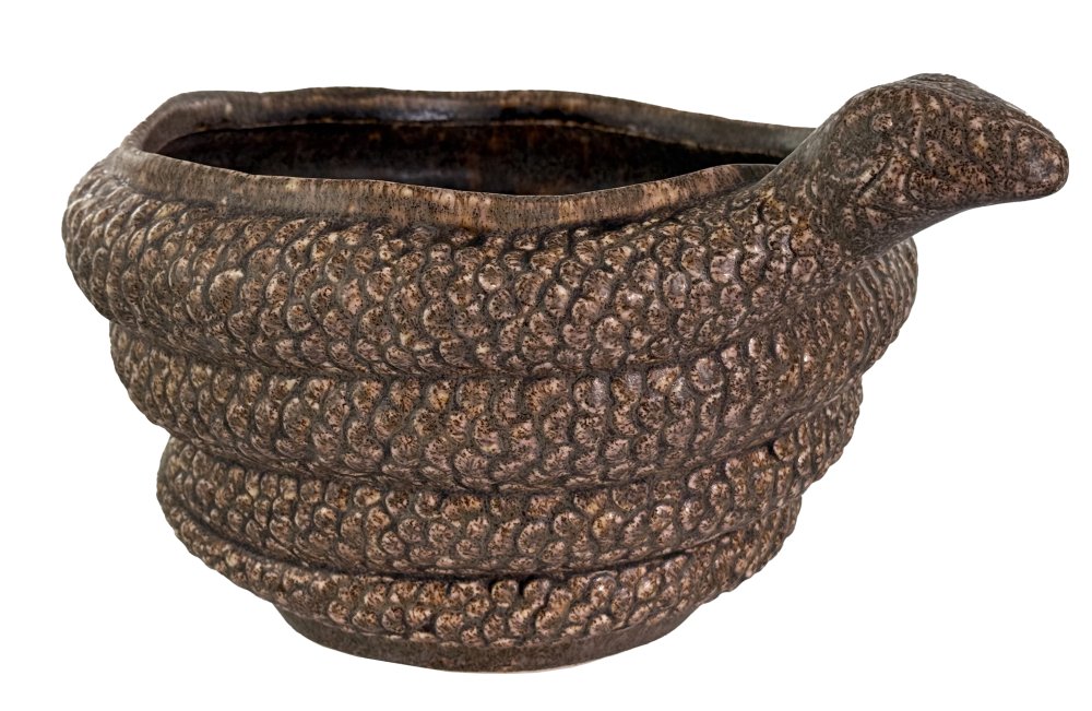 Керамический горшок-змея коричневого цвета, диаметр 27 см.