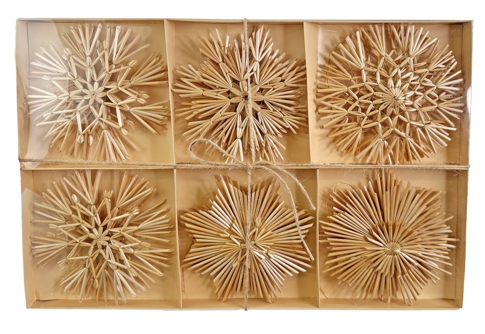 Соломенные снежинки 15 см, 18 шт. в коробке