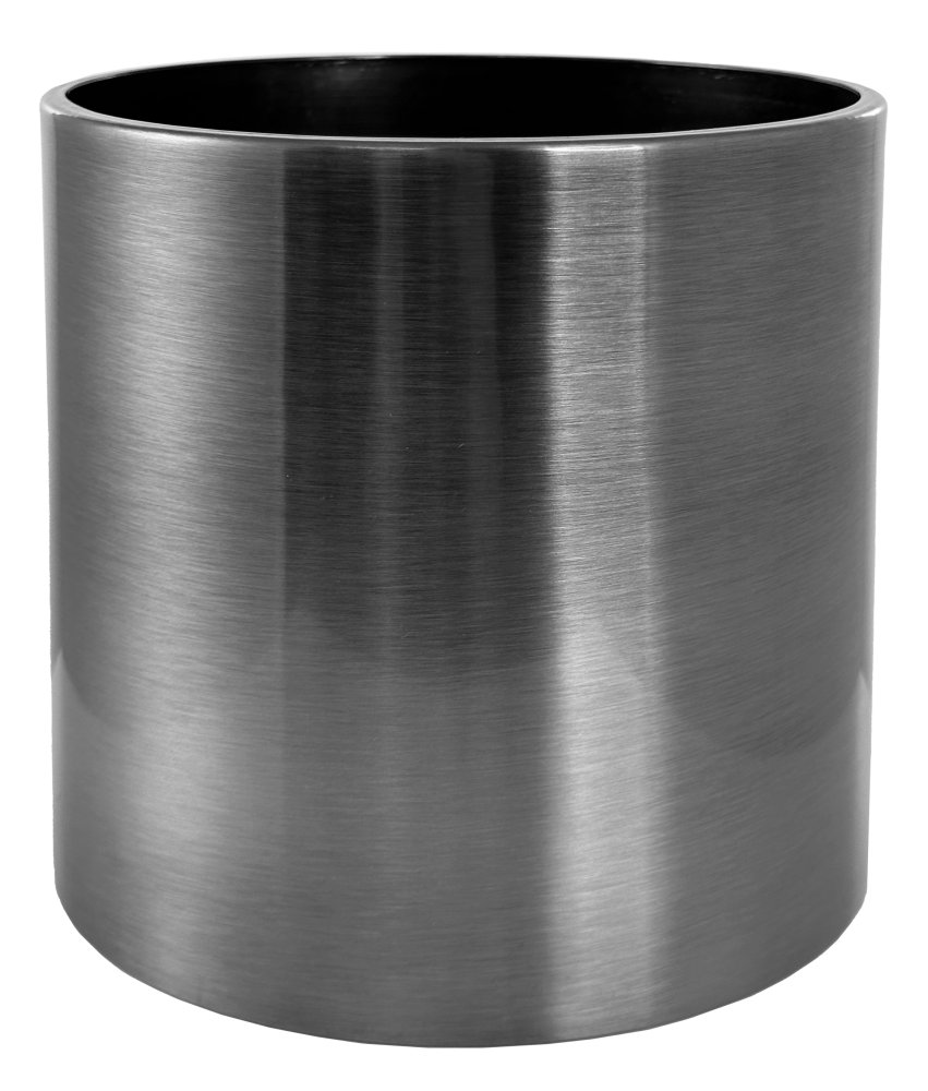 Металлический круглый горшок, шлифованная сталь, диаметр 15 см, высота 15 см.