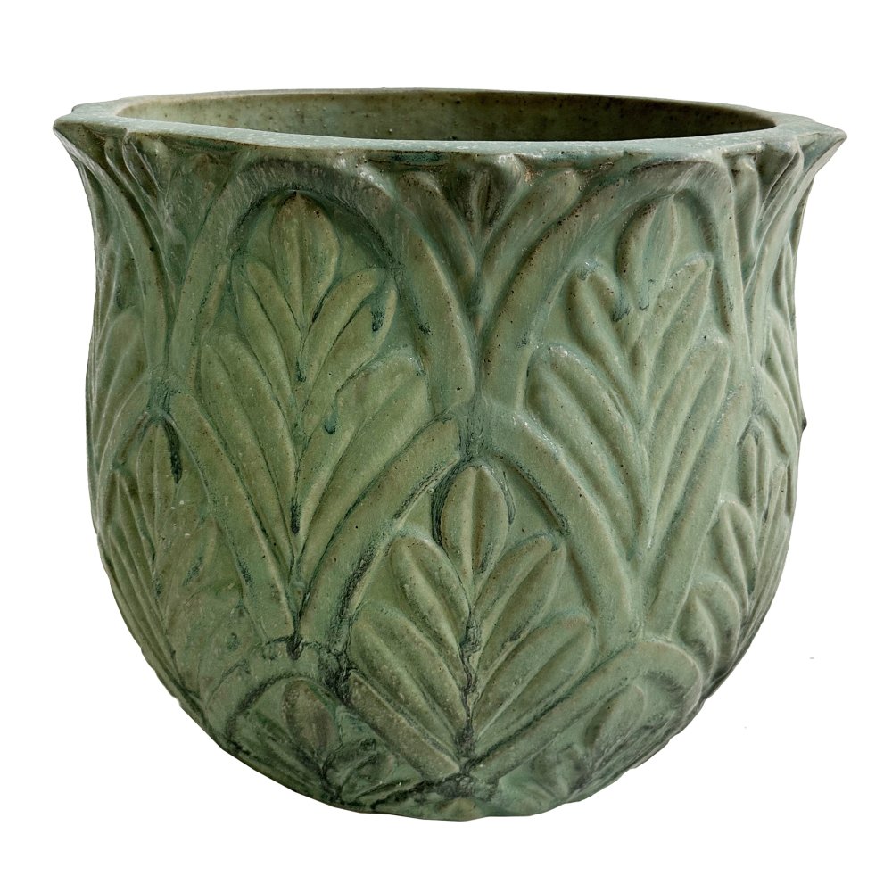 Керамический горшок с листьями зеленый, диаметр 55, высота 47 см.