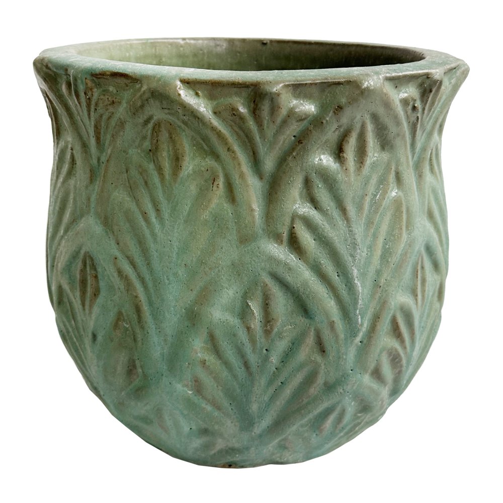 Керамический горшок с листьями, зеленый, диаметр 34, высота 30 см.