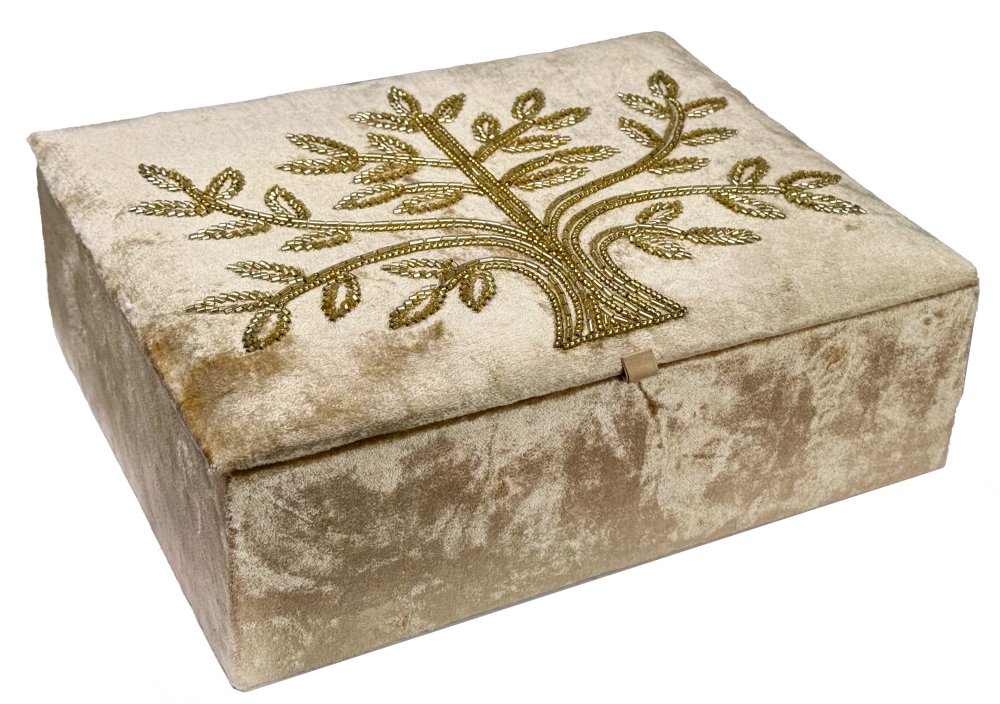 Бархатная шкатулка бежевого цвета с бусинами, размер 26x21x9 см
