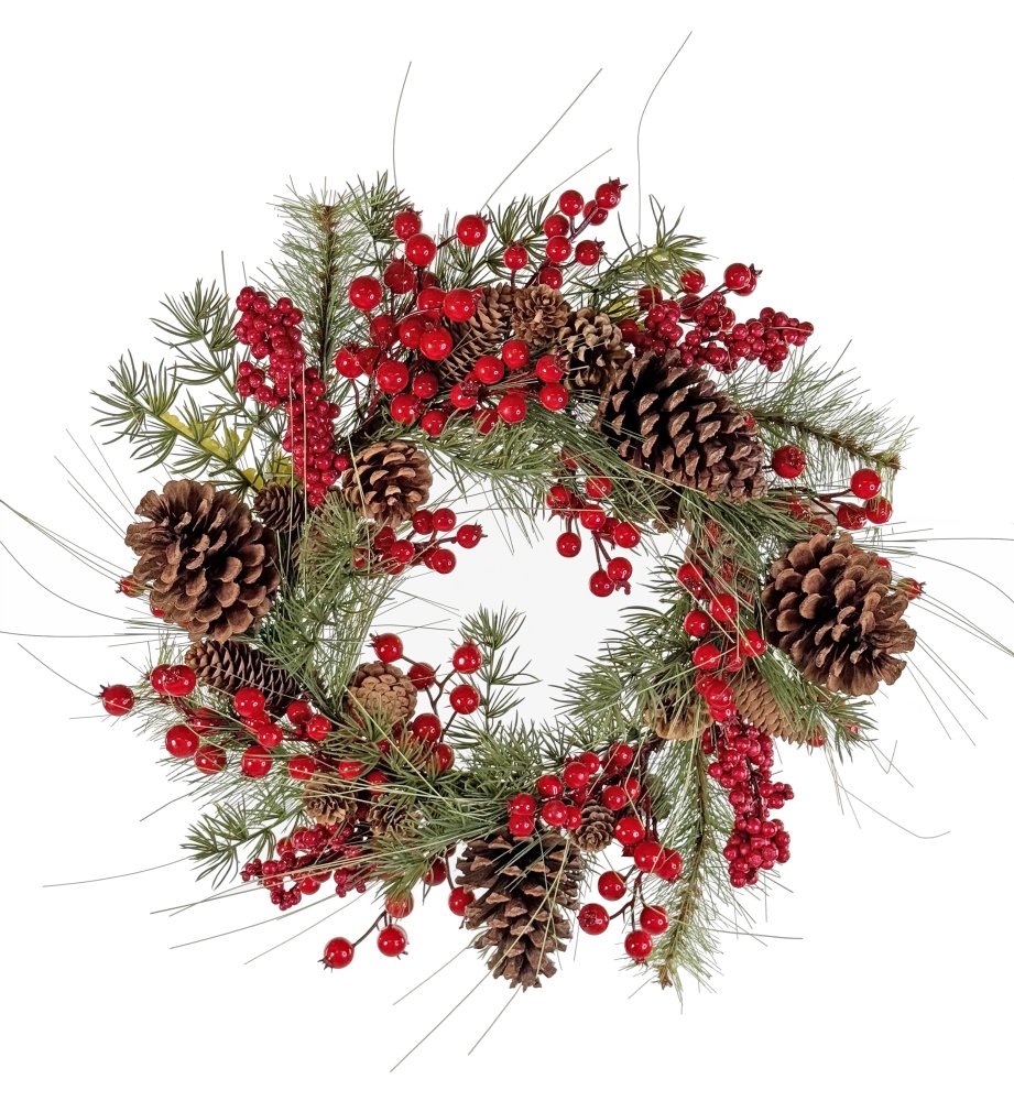 Венок из шишек, красных ягод и гаультерии 45 см