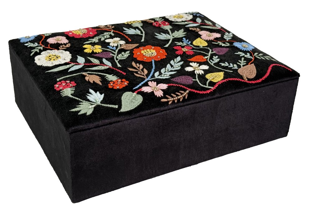 Бархатная шкатулка для украшений, черная с цветами, диаметр 26x21x9 см