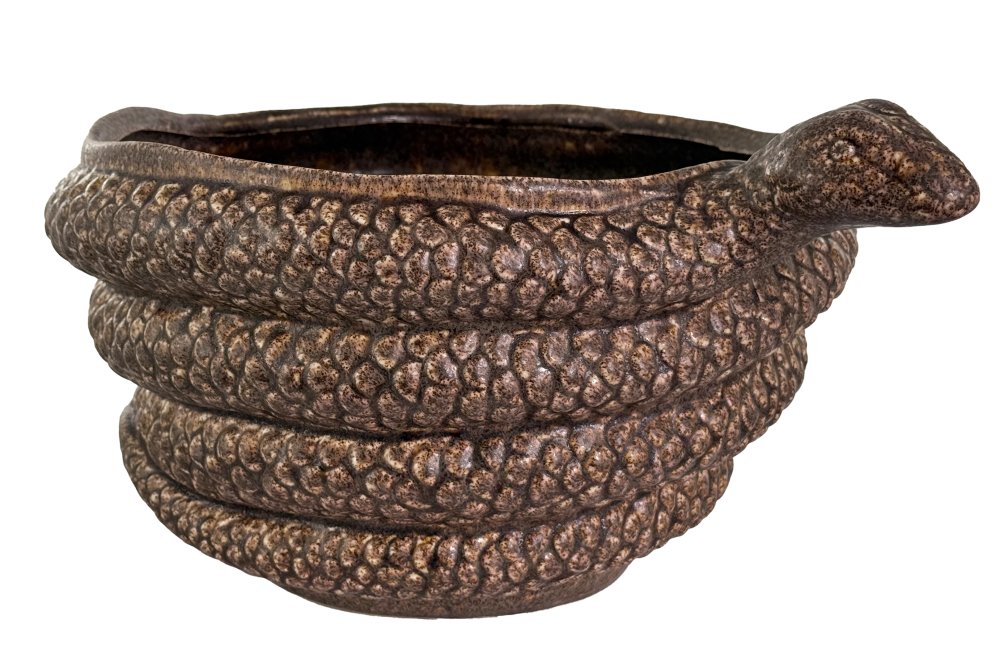 Керамический горшок-змея коричневого цвета, диаметр 33 см.