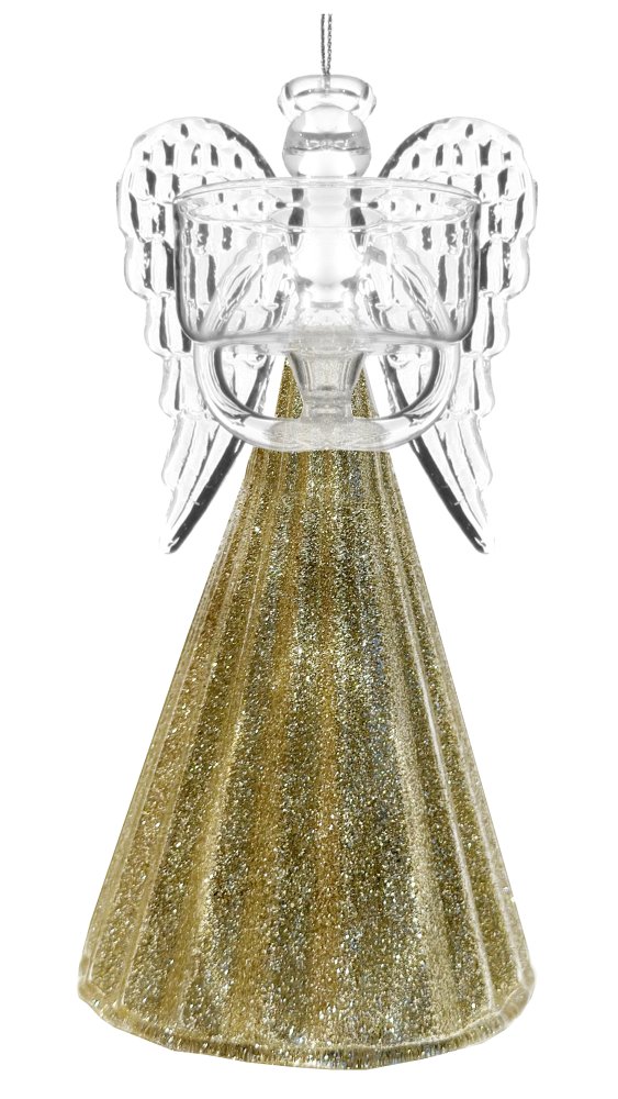 Стеклянный ангел с T-light, прозрачный с золотыми блестками, 15 см
