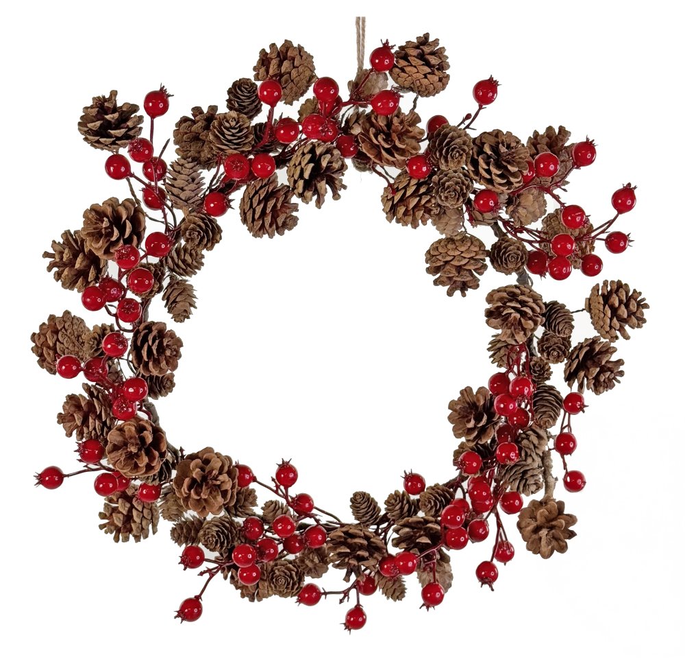 Венок из микса конусов с красными ягодами 45 см
