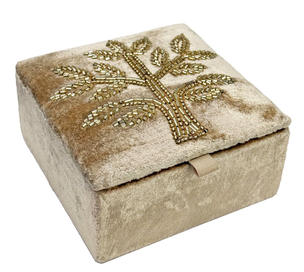 Бархатная шкатулка бежевого цвета с бусинами, размер 10х10х6 см