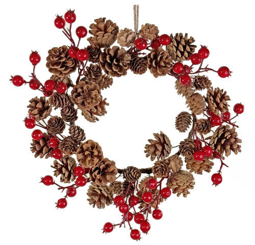 Венок из микса красных ягод и конусов 35 см