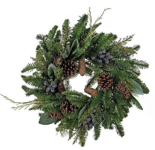 Венок из зелени с синими ягодами и шишками 60 см