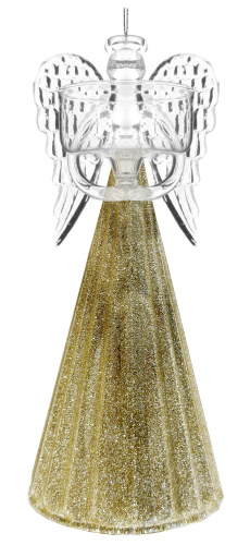 Стеклянный ангел держит T-light, прозрачный с золотыми блестками, 18 см